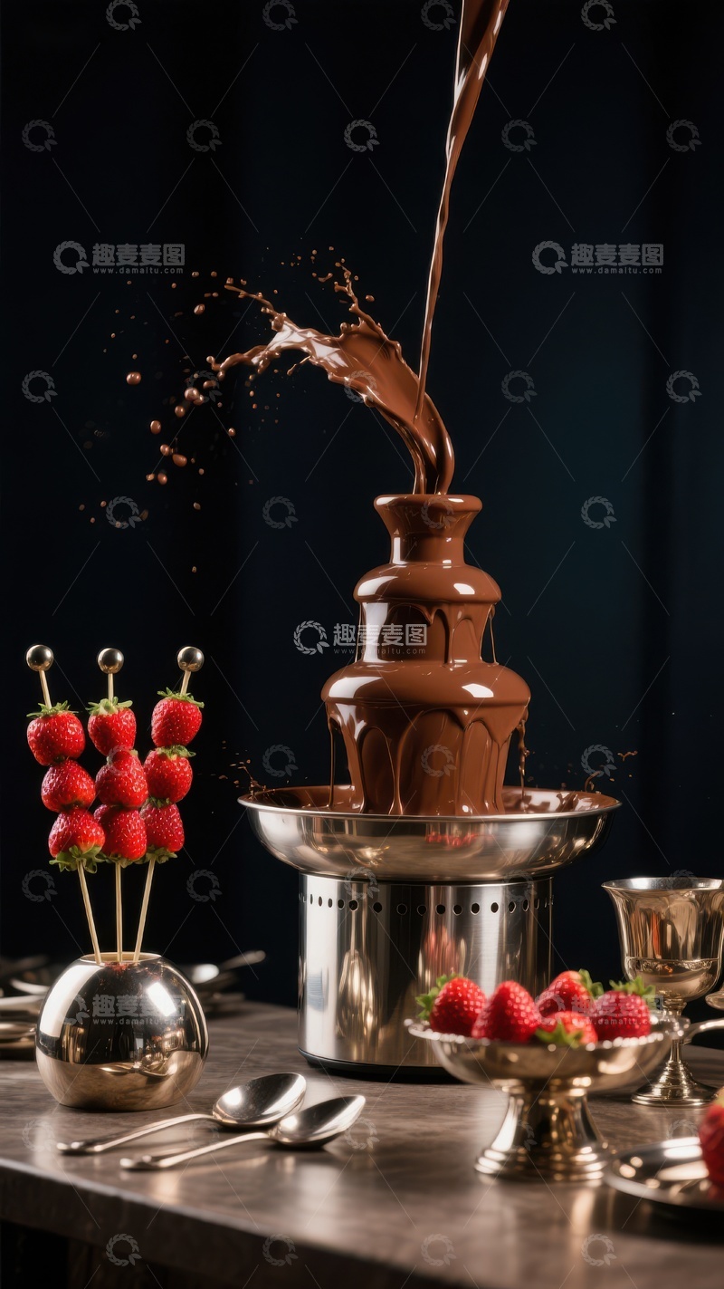 高清大图下载【趣麦麦图】巧克力喷泉与草莓的甜蜜碰撞