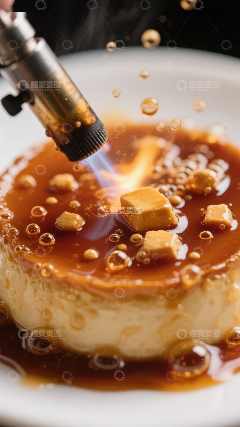 高清大图下载【趣麦麦图】焦糖布丁火焰加热瞬间