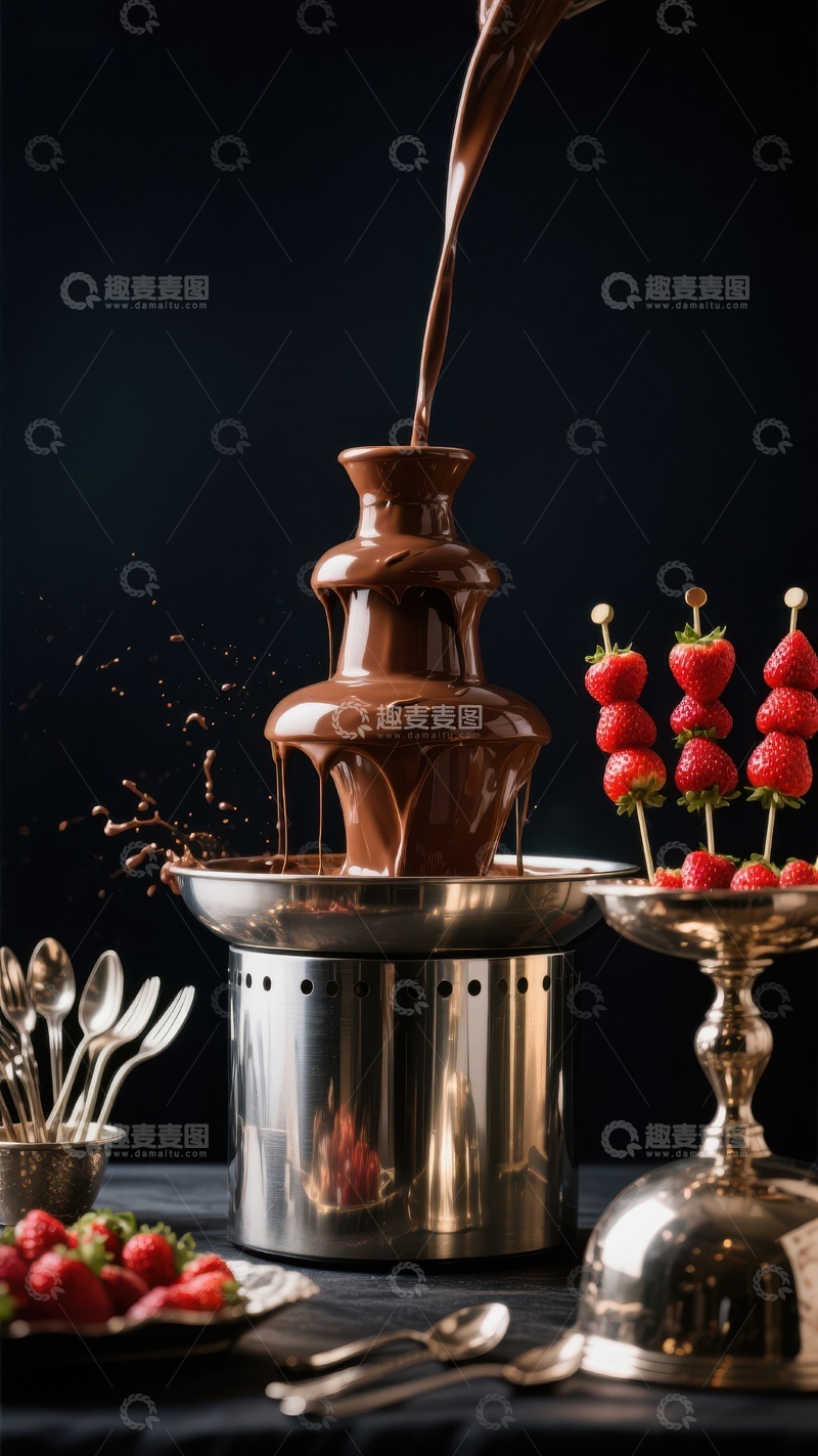 高清大图下载【趣麦麦图】巧克力喷泉与草莓串