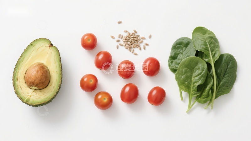高清大图下载【趣麦麦图】新鲜食材：牛油果、樱桃番茄、菠菜与葵花籽