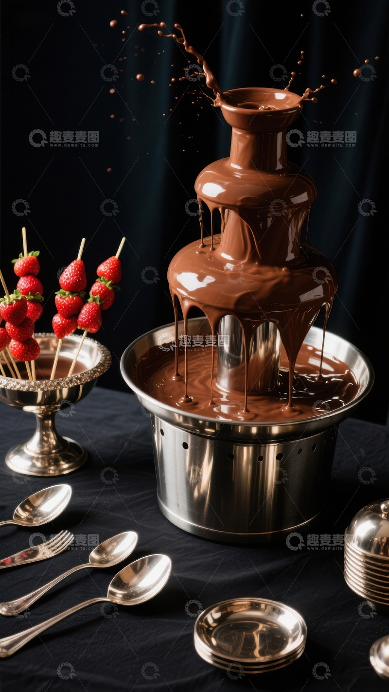高清大图下载【趣麦麦图】巧克力喷泉与草莓串