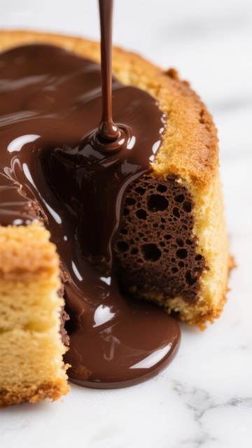 巧克力酱浇灌在蛋糕上的特写