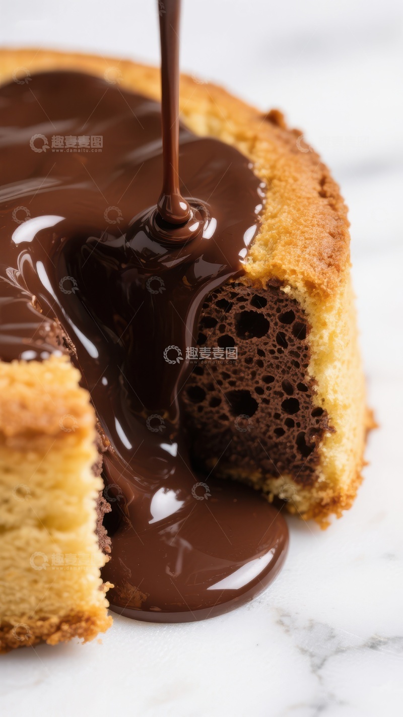 高清大图下载【趣麦麦图】巧克力酱浇灌在蛋糕上的特写