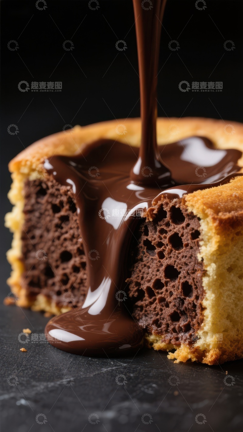高清大图下载【趣麦麦图】巧克力酱淋在蛋糕上的特写
