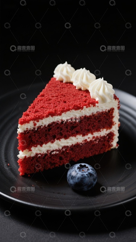 红丝绒蛋糕切片配奶油和蓝莓