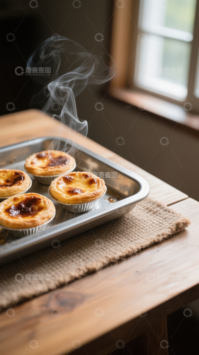 高清大图下载【趣麦麦图】热腾腾的蛋挞在木质桌上散发香气