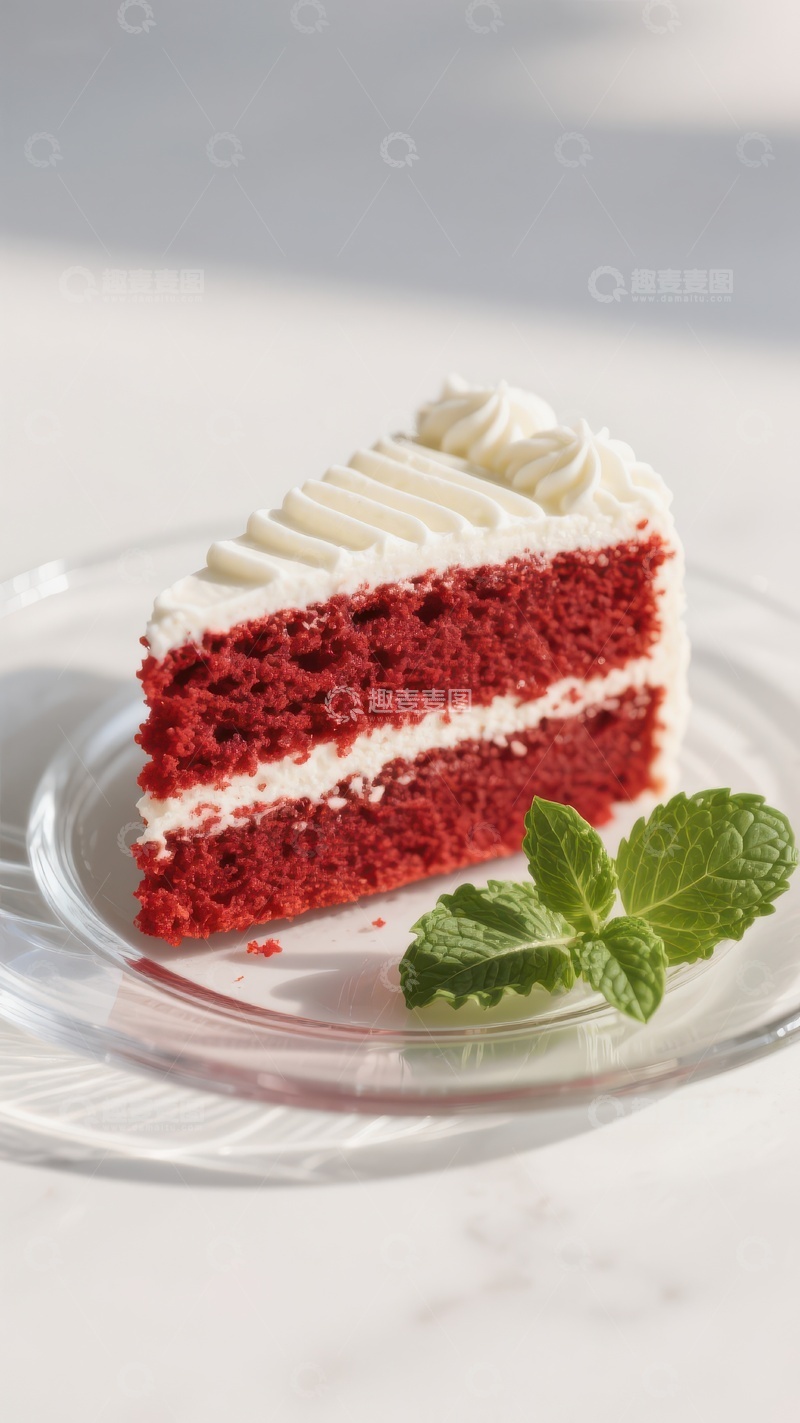 高清大图下载【趣麦麦图】红丝绒蛋糕切片配奶油和薄荷