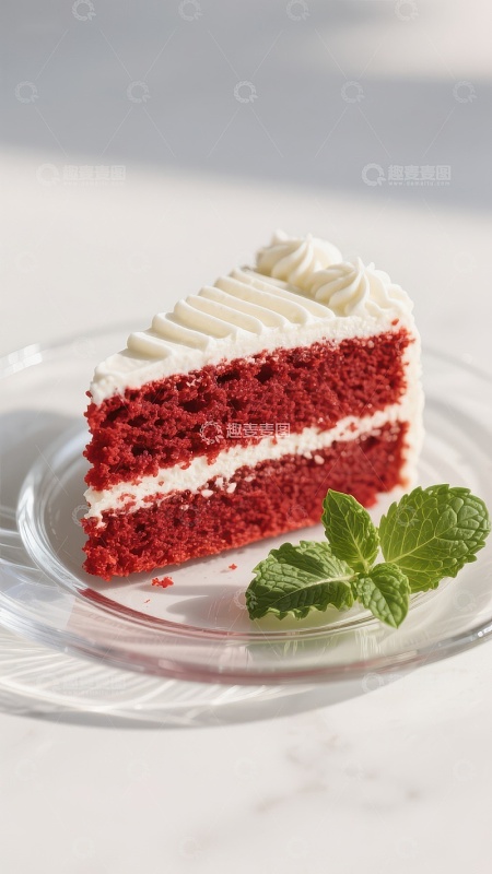 红丝绒蛋糕切片配奶油和薄荷