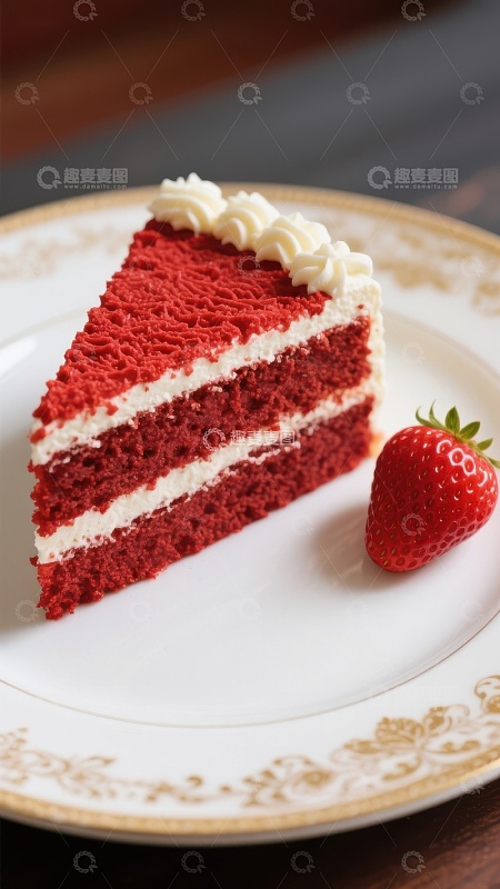 红丝绒蛋糕切片配草莓