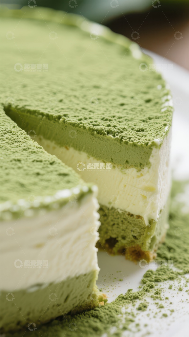 高清大图下载【趣麦麦图】抹茶芝士蛋糕切片特写