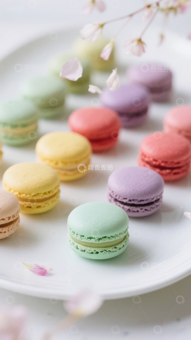 高清大图下载【趣麦麦图】色彩斑斓的马卡龙排列在白色盘上