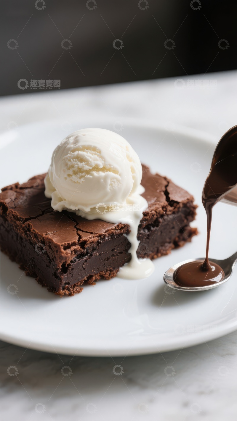 高清大图下载【趣麦麦图】巧克力布朗尼配冰淇淋和热巧克力酱