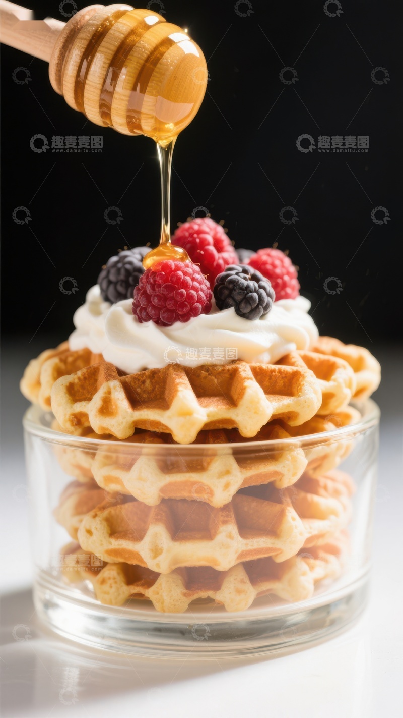 高清大图下载【趣麦麦图】蜂蜜淋洒在水果奶油华夫饼上