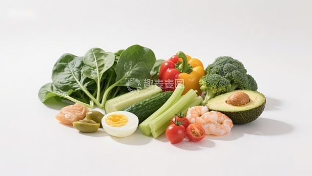 新鲜蔬菜水果与蛋白质食材组合