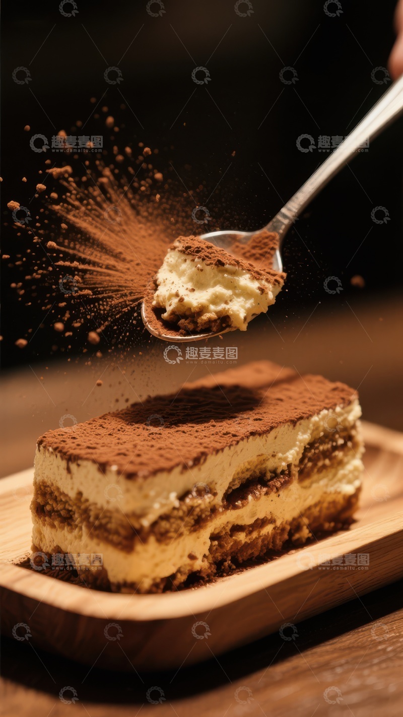 高清大图下载【趣麦麦图】提拉米苏切块，勺子舀起瞬间