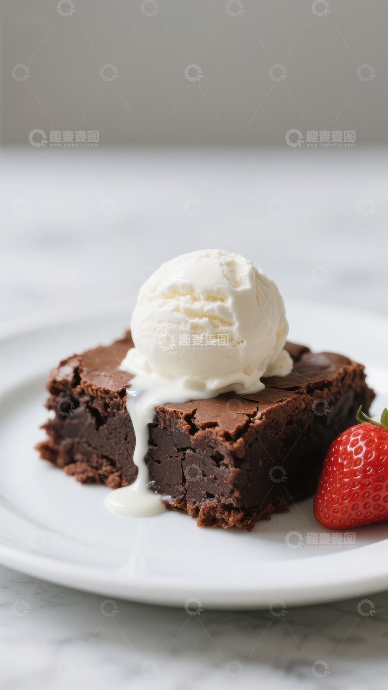 高清大图下载【趣麦麦图】巧克力布朗尼配冰淇淋和草莓