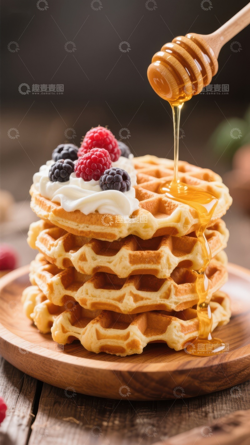 高清大图下载【趣麦麦图】蜂蜜淋洒在堆叠的华夫饼上