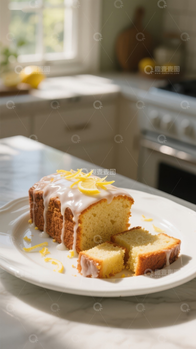 高清大图下载【趣麦麦图】柠檬蛋糕切片，淋上糖霜，点缀柠檬皮