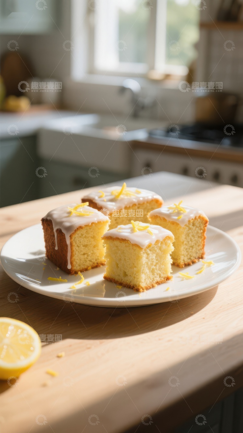高清大图下载【趣麦麦图】柠檬蛋糕切块，厨房阳光下
