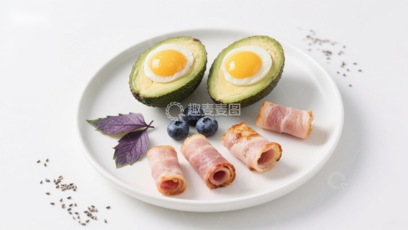 高清大图下载【趣麦麦图】牛油果煎蛋与培根卷摆盘