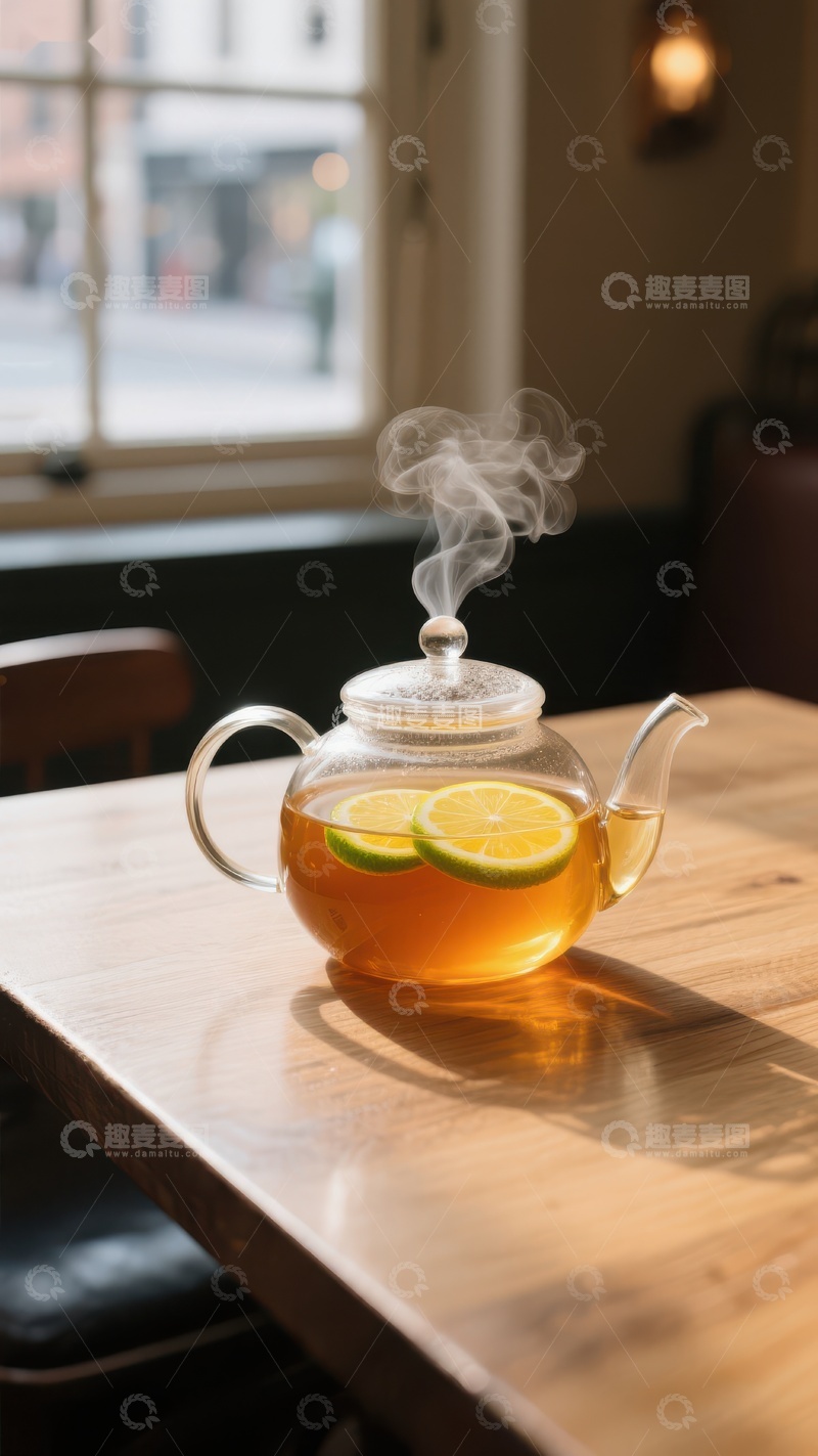 高清大图下载【趣麦麦图】热气腾腾的柠檬茶壶置于木质桌面上