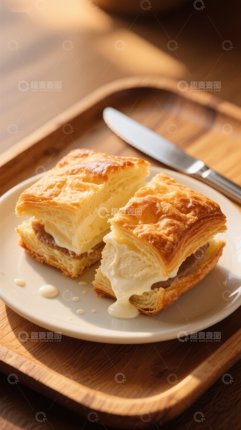 高清大图下载【趣麦麦图】酥皮糕点配奶油酱，木盘盛放