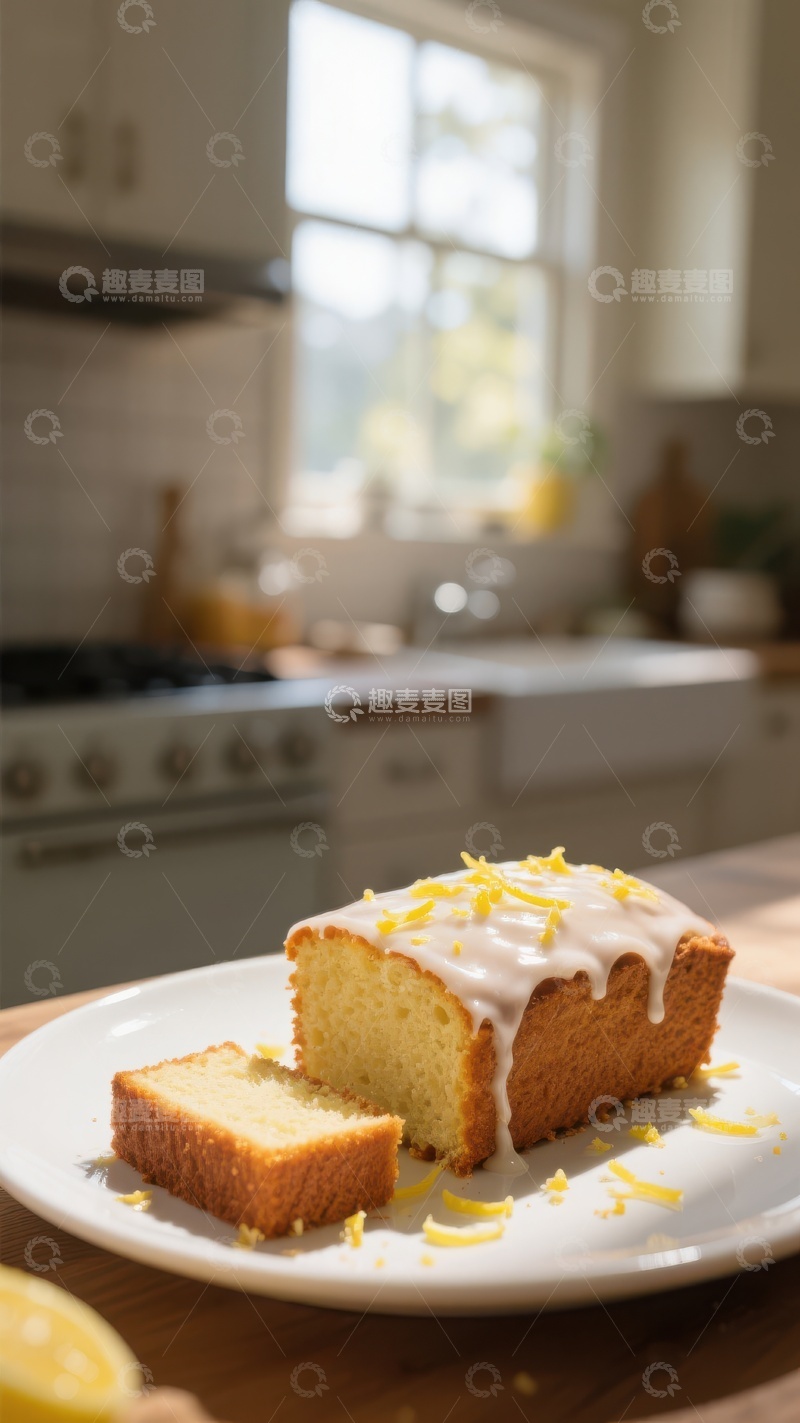 高清大图下载【趣麦麦图】柠檬蛋糕切片，厨房背景