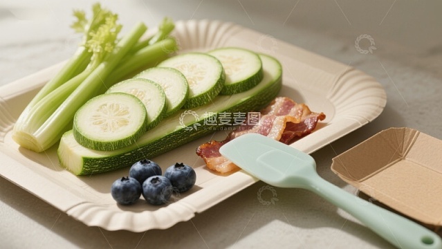 盘中蔬菜水果与培根