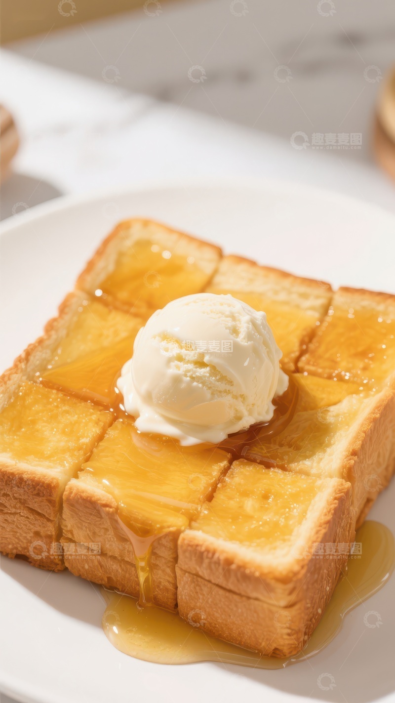 高清大图下载【趣麦麦图】蜂蜜吐司配冰淇淋，美味早餐