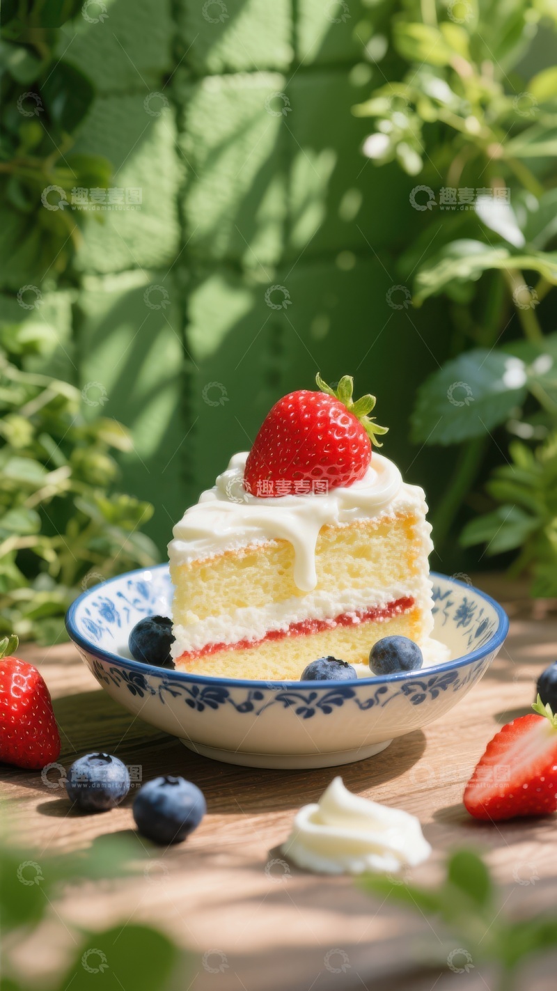 高清大图下载【趣麦麦图】草莓奶油蛋糕，户外绿植环绕