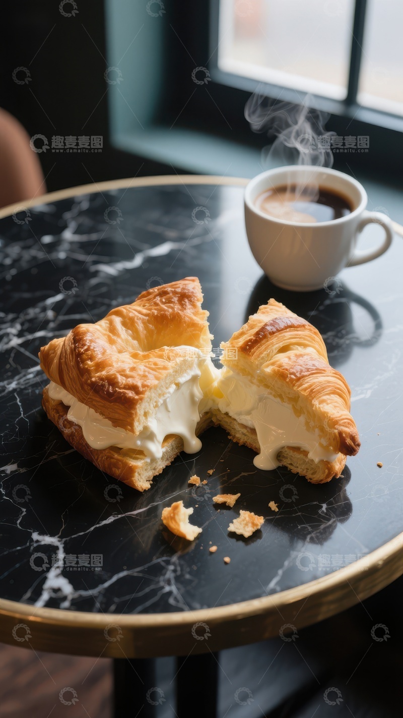 高清大图下载【趣麦麦图】咖啡与奶油羊角面包的静谧时光