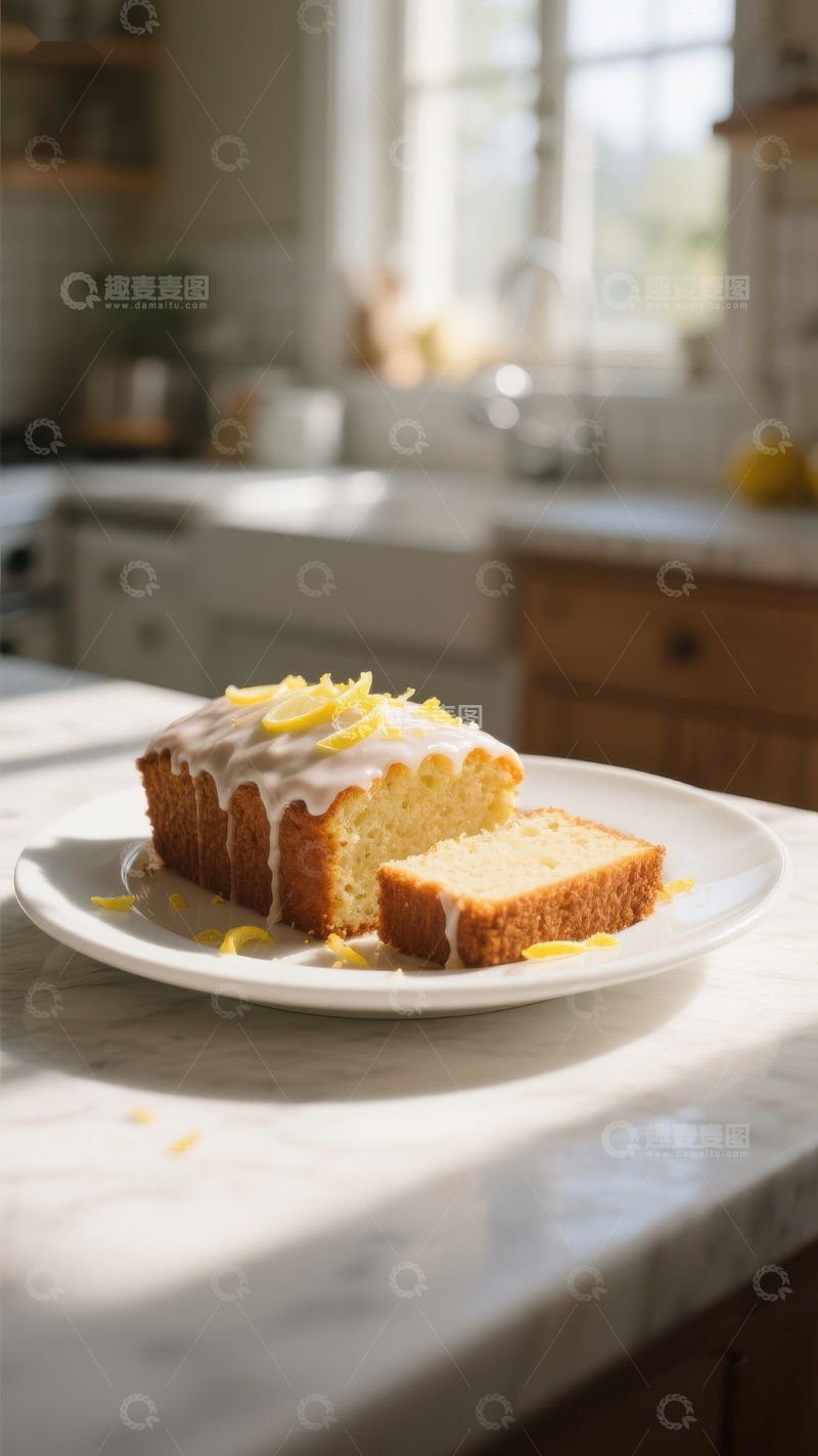 高清大图下载【趣麦麦图】柠檬蛋糕切片，阳光洒在厨房台面上