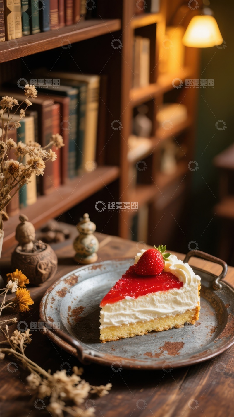 高清大图下载【趣麦麦图】书架旁的草莓奶油蛋糕