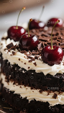 黑森林蛋糕上的鲜红樱桃