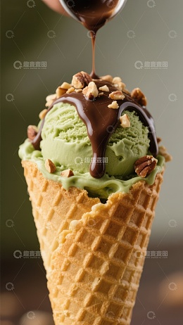 抹茶冰淇淋淋上巧克力酱