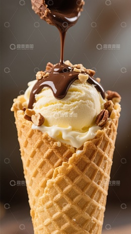 巧克力酱淋在冰淇淋蛋筒上