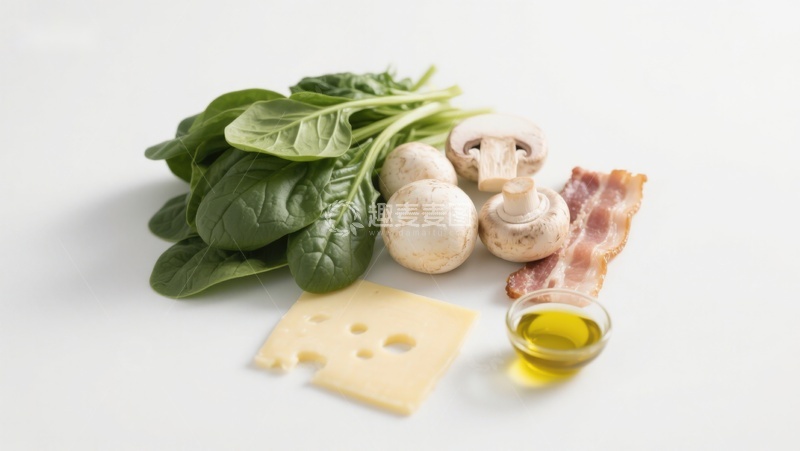 高清大图下载【趣麦麦图】新鲜食材组合：菠菜、蘑菇、奶酪与培根