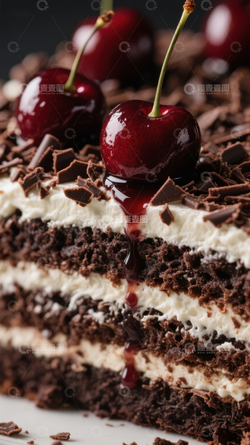 高清大图下载【趣麦麦图】黑森林蛋糕切片，樱桃点缀