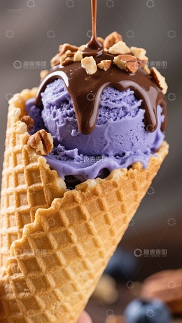 紫色冰淇淋甜筒配巧克力酱