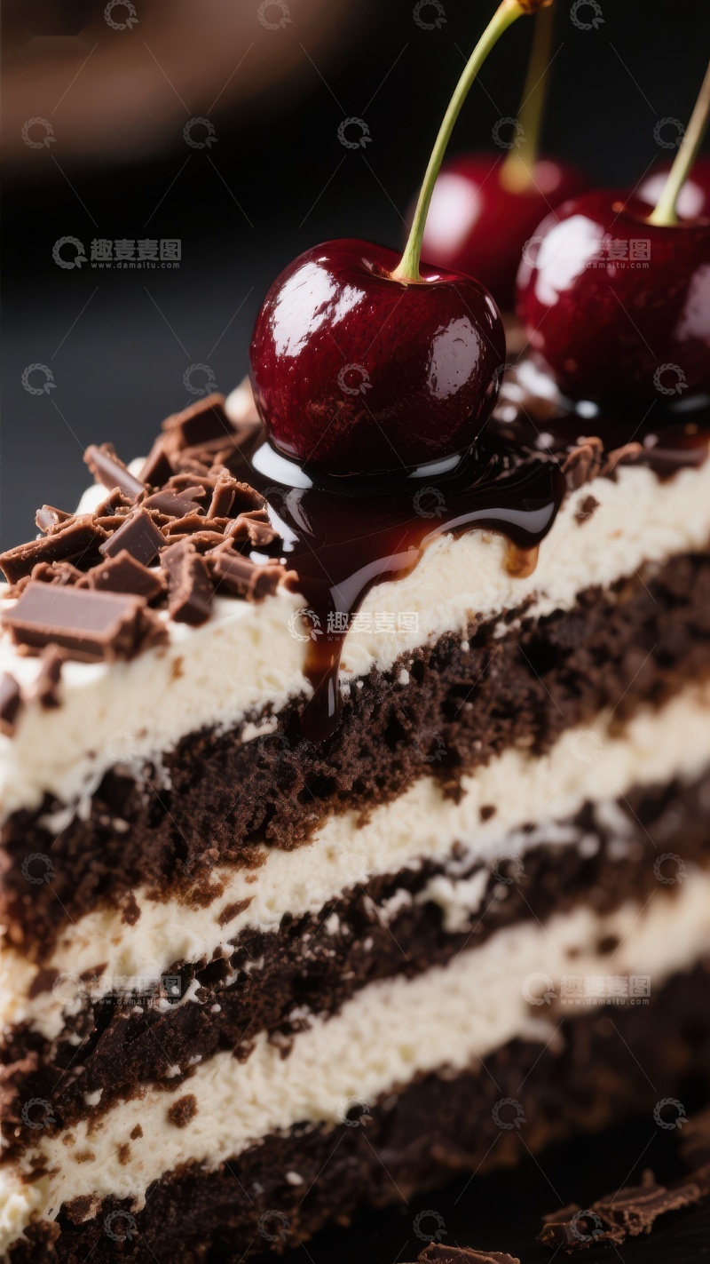高清大图下载【趣麦麦图】黑森林蛋糕切片，樱桃点缀