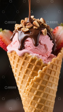 巧克力酱淋在草莓冰淇淋上的特写