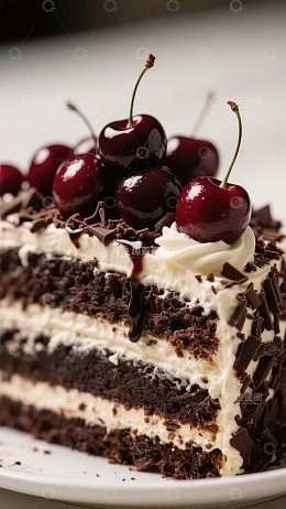 黑森林蛋糕切片，配以鲜奶油和樱桃