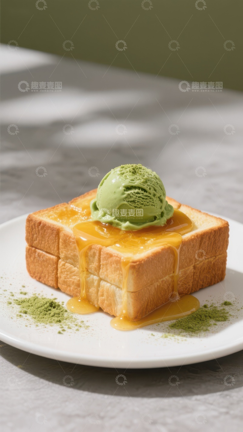 高清大图下载【趣麦麦图】抹茶冰淇淋烤面包配蜜汁