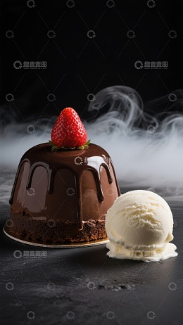 巧克力蛋糕配冰淇淋，草莓点缀