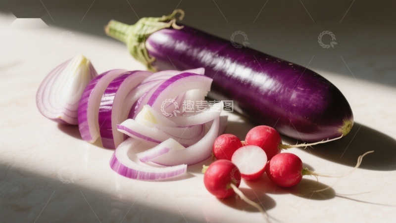 高清大图下载【趣麦麦图】茄子洋葱萝卜切片摆拍