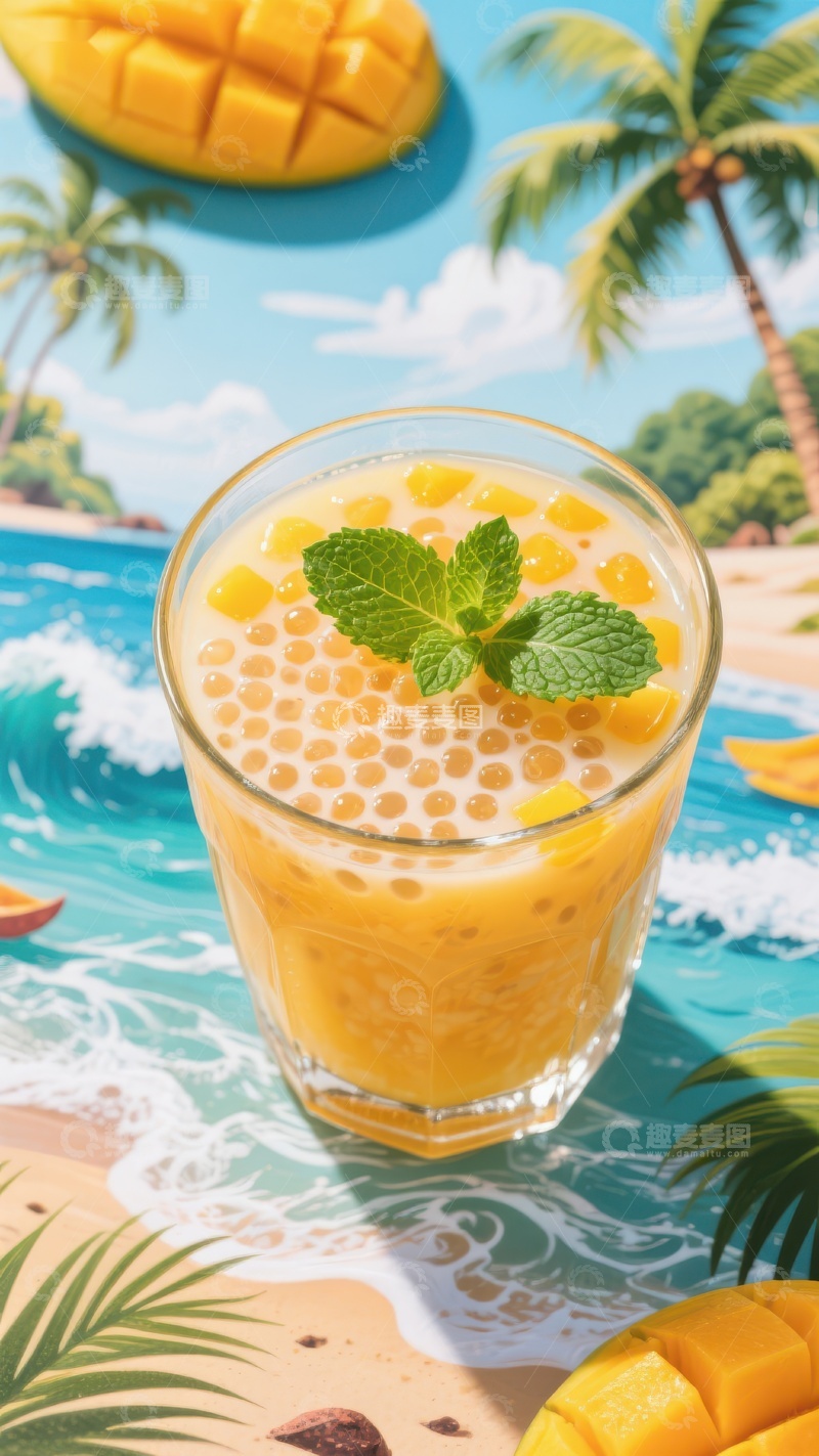 高清大图下载【趣麦麦图】芒果珍珠奶茶，热带海滩风情