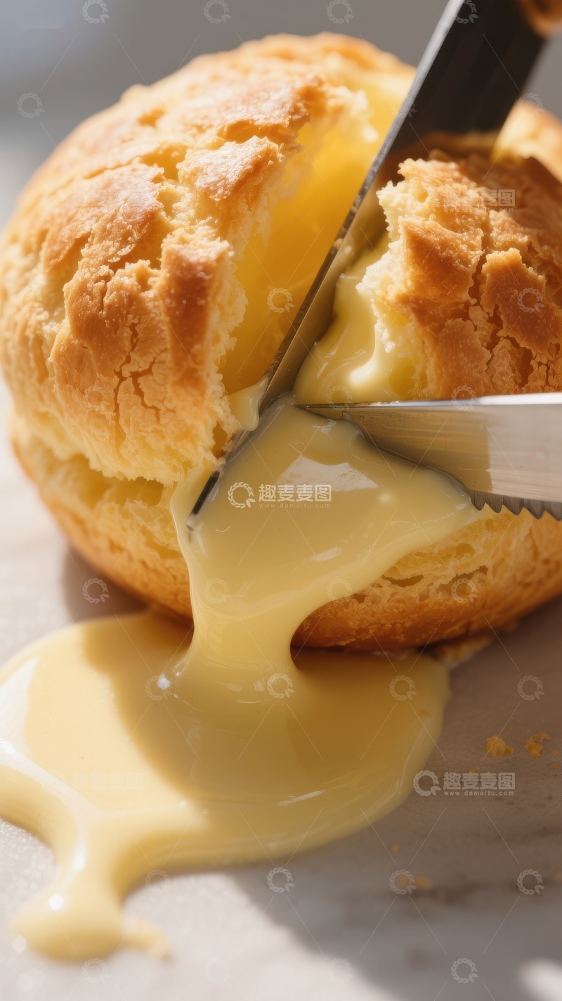 高清大图下载【趣麦麦图】奶油泡芙切开，香浓馅料流出