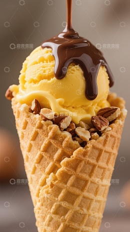 巧克力酱淋在坚果冰淇淋蛋筒上