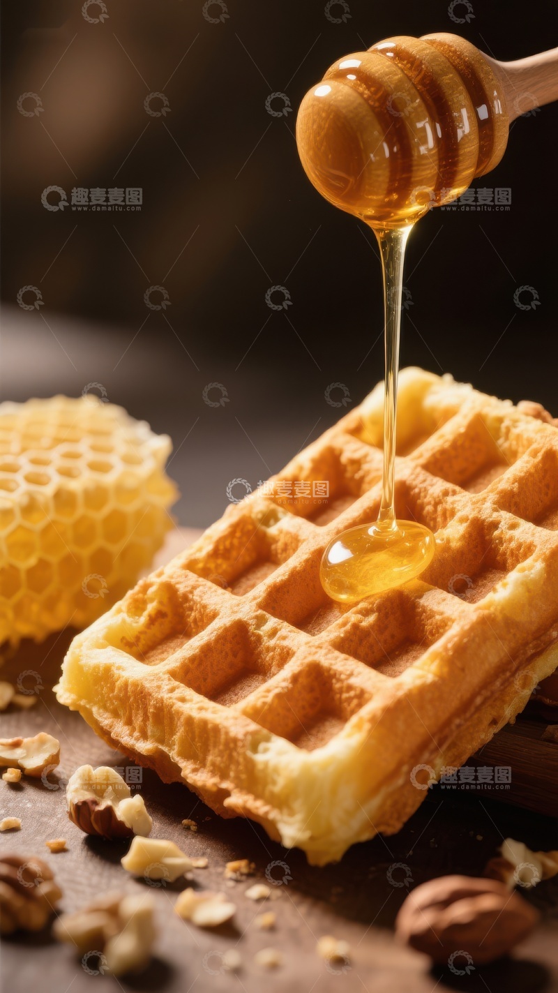 高清大图下载【趣麦麦图】蜂蜜浇灌在金黄松脆的华夫饼上