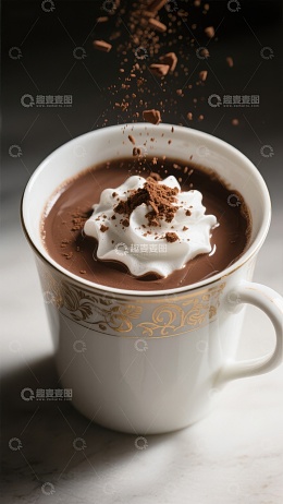 热巧克力配奶油与可可粉撒落